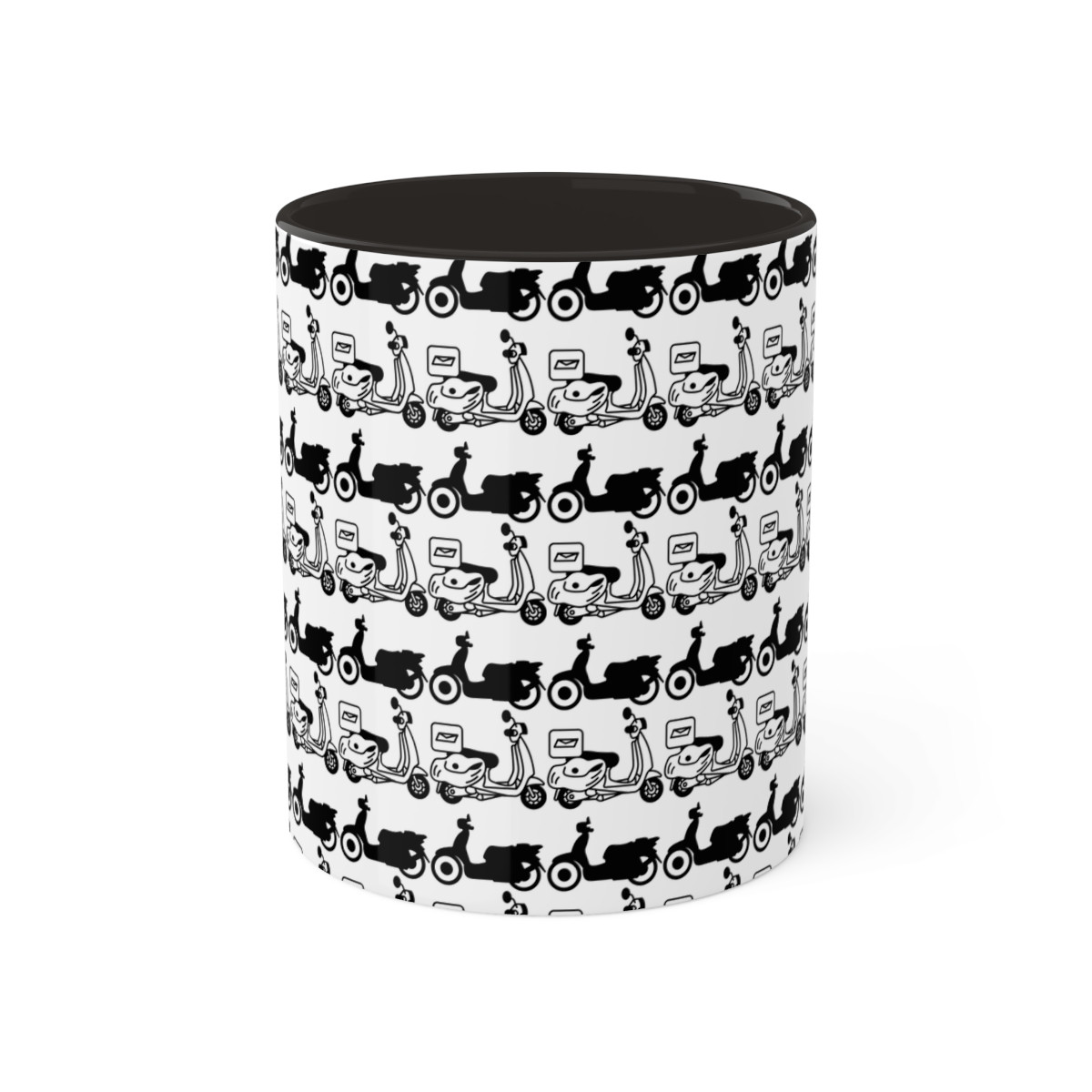 Black & White Scooter Pattern Black Centre Mug, 11oz