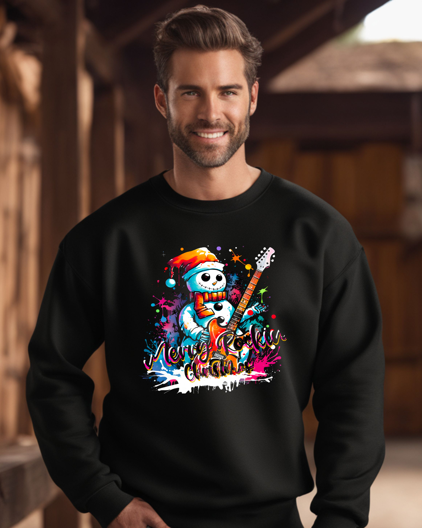 Merry rockin christmas sweatshirt rocker christmas graphic sweatshirt rocker snowman tee guitar lovers sweatshirt rocker sweater xmas gift