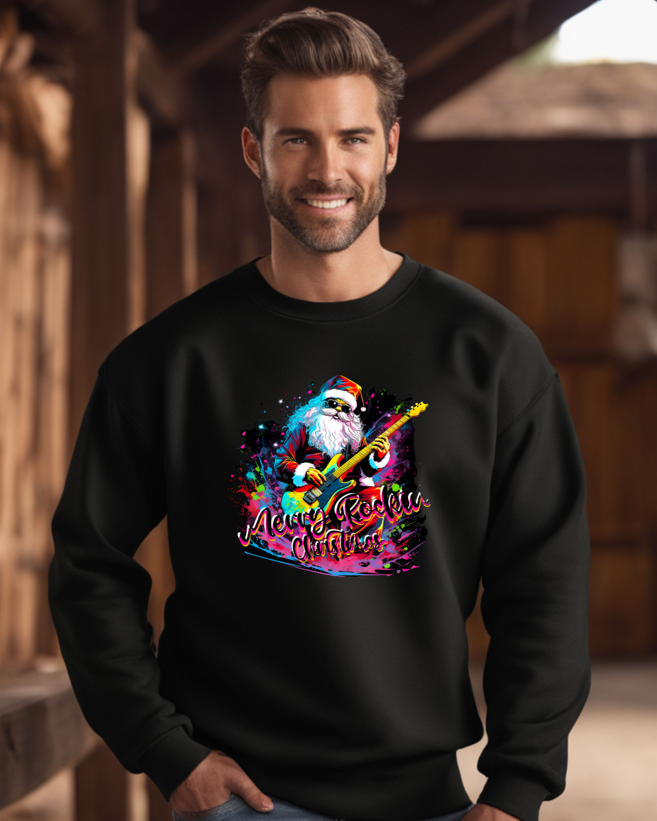 Merry rockin christmas sweatshirt rocker christmas graphic sweatshirt rocker Santa tee guitar lovers sweatshirt rocker sweater xmas gift